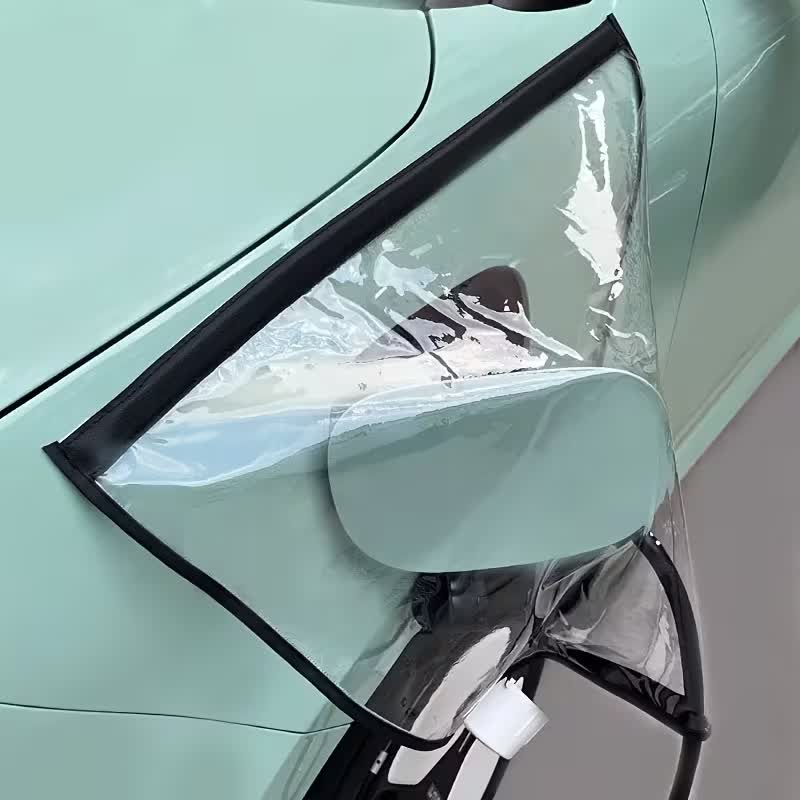 EV charging rain and snow cover fitted over an open charge port